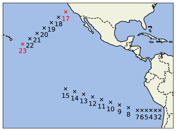 Pacific Ocean map of locations sampled