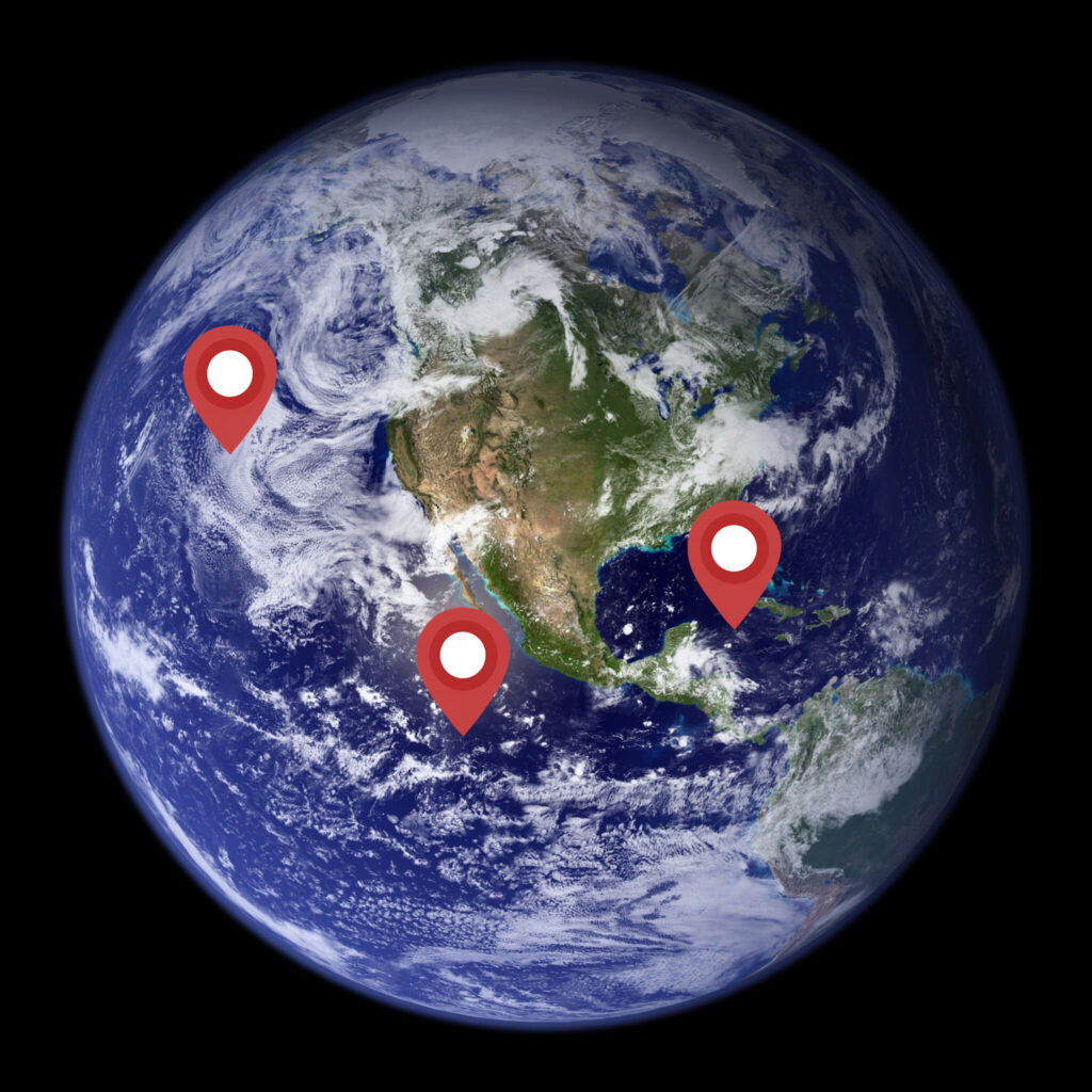 location tags on globe stock photo