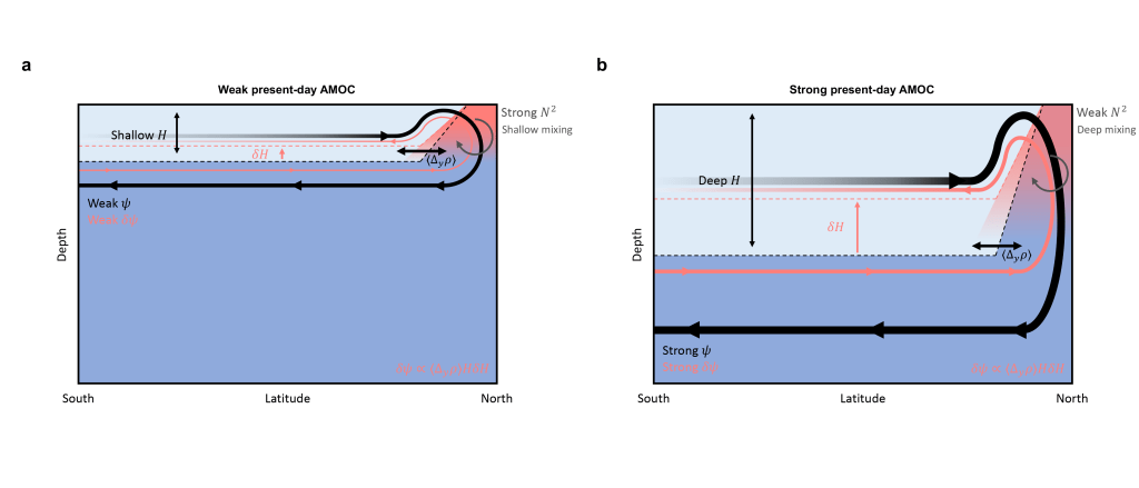 Schematic depicting the processes linking the present-day and future AMOC strength. a,b,