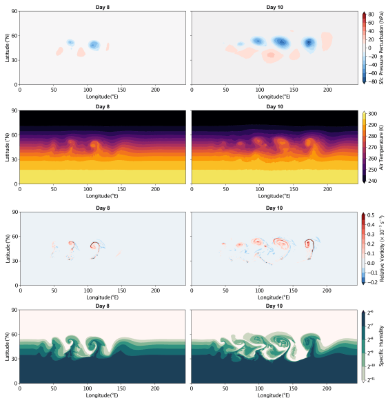 Moist baroclinic wave benchmark simulation at days 8 and 10